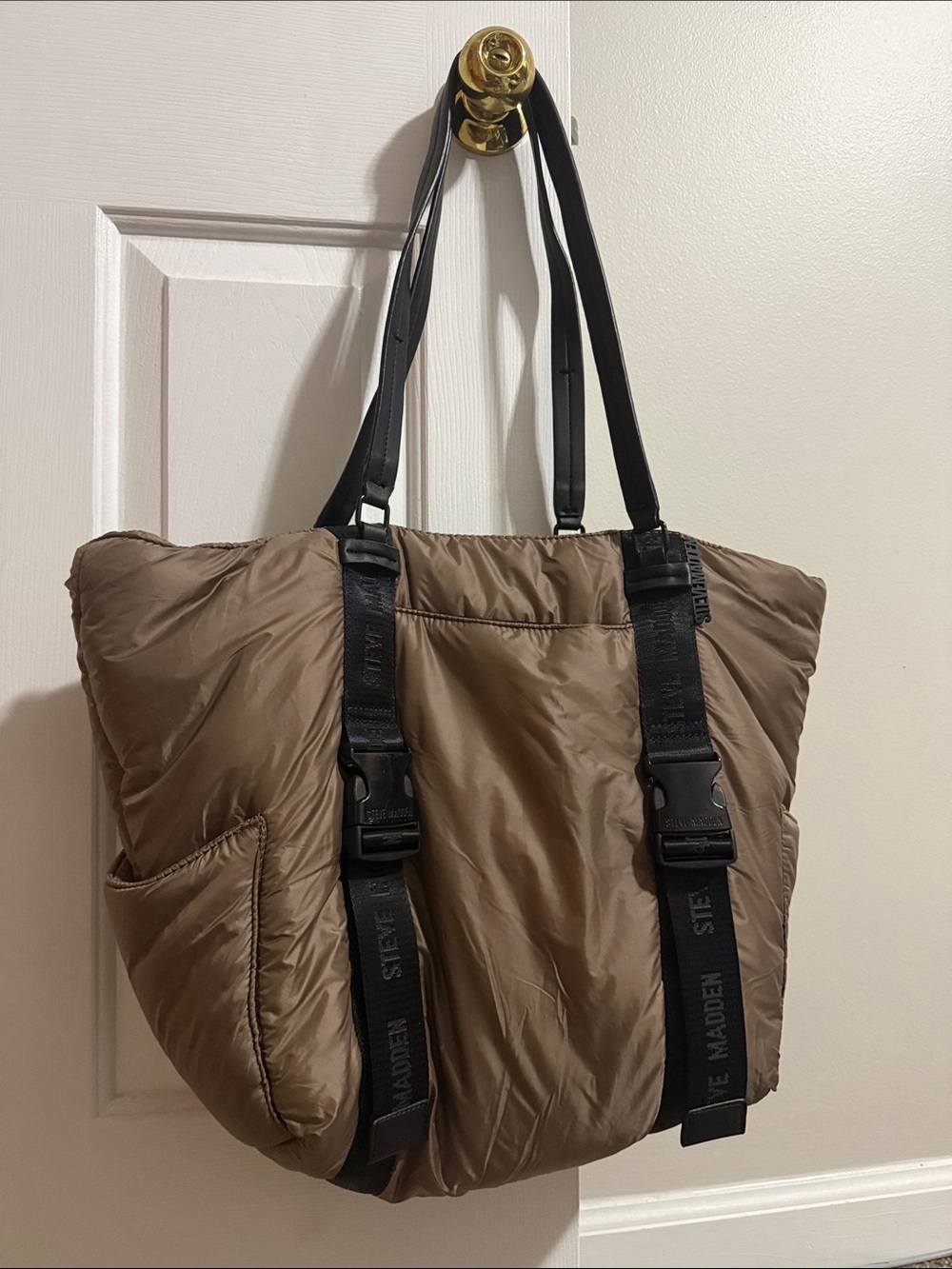 Steve Madden Taupe Puffer Tote with Black Straps